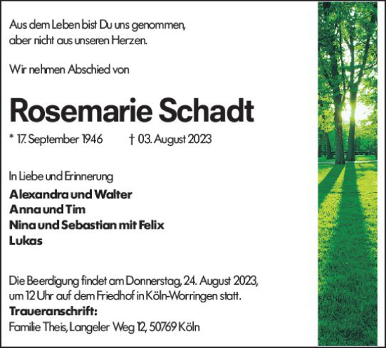 Traueranzeigen Von Rosemarie Schadt Vrm Trauer De