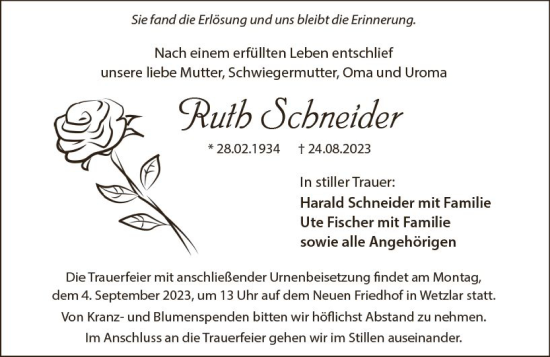 Traueranzeigen Von Ruth Schneider Vrm Trauer De