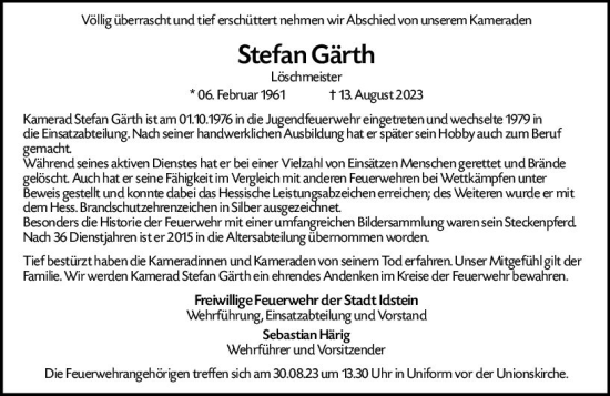 Traueranzeigen von Stefan Gärth vrm trauer de