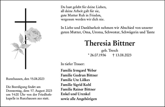 Traueranzeigen Von Theresia Bittner Vrm Trauer De