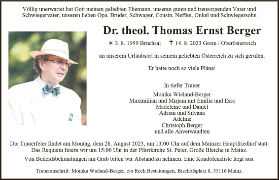 Traueranzeigen Von Thomas Ernst Berger Vrm Trauer De