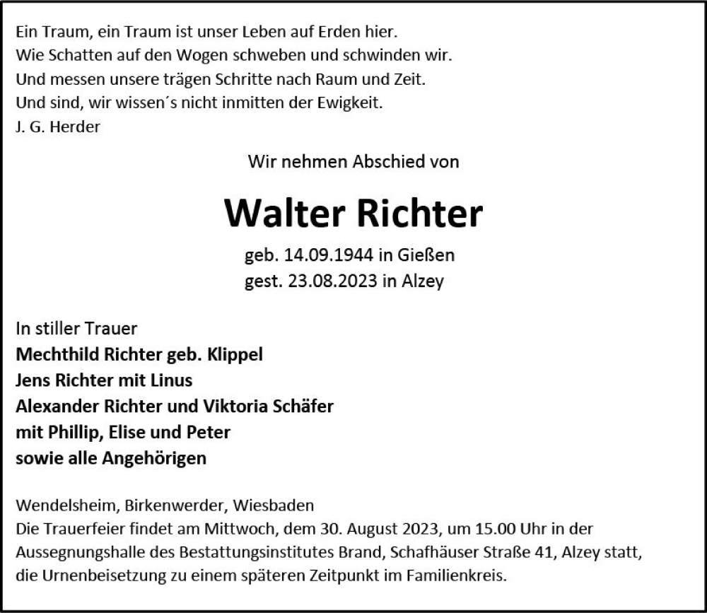 Traueranzeigen Von Walter Richter Vrm Trauer De