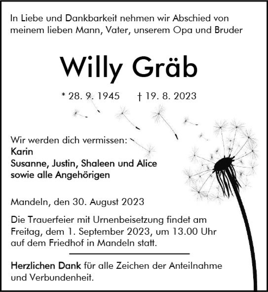 Traueranzeigen Von Willy Gr B Vrm Trauer De