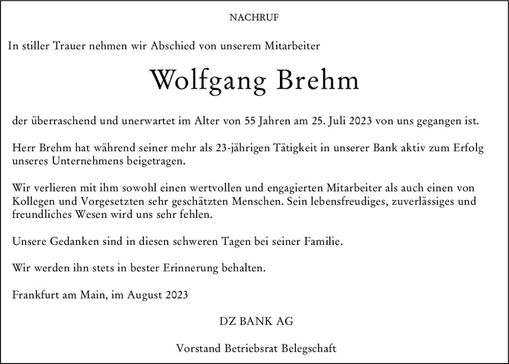 Traueranzeigen Von Wolfgang Brehm Vrm Trauer De