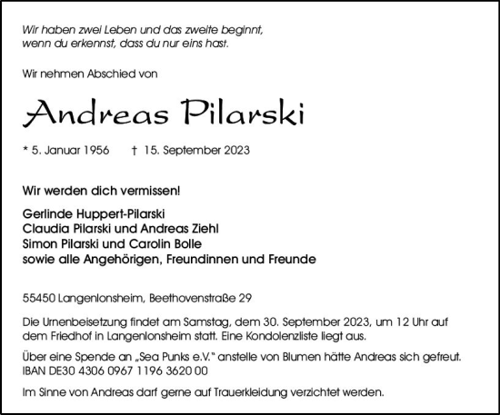 Traueranzeigen Von Andreas Pilarski Vrm Trauer De