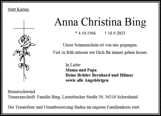 Traueranzeigen Von Anna Christina Bing Vrm Trauer De