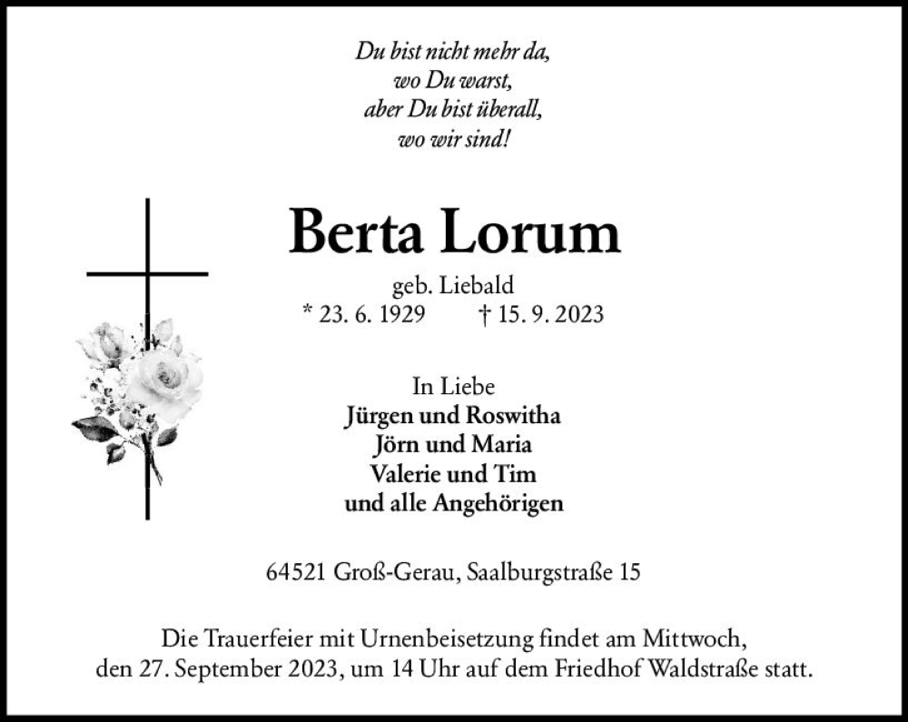 Traueranzeigen Von Berta Lorum Vrm Trauer De