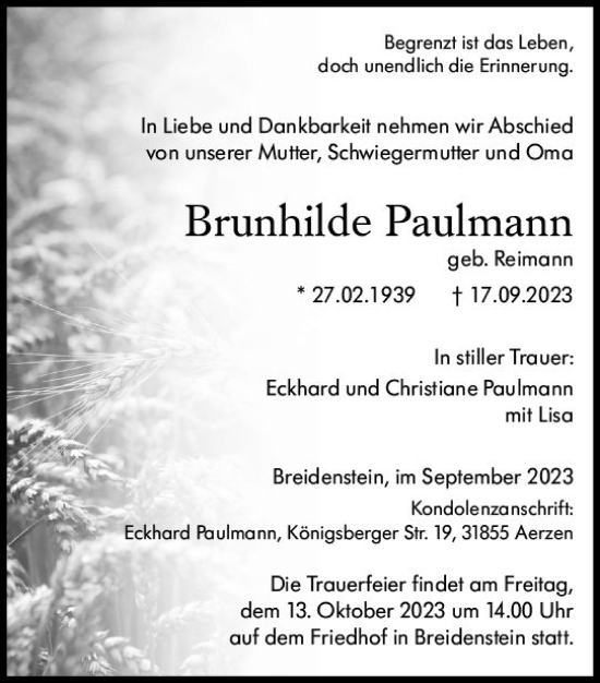 Traueranzeigen Von Brunhilde Paulmann Vrm Trauer De