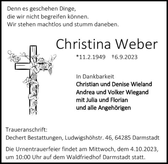 Traueranzeigen Von Christina Weber Vrm Trauer De