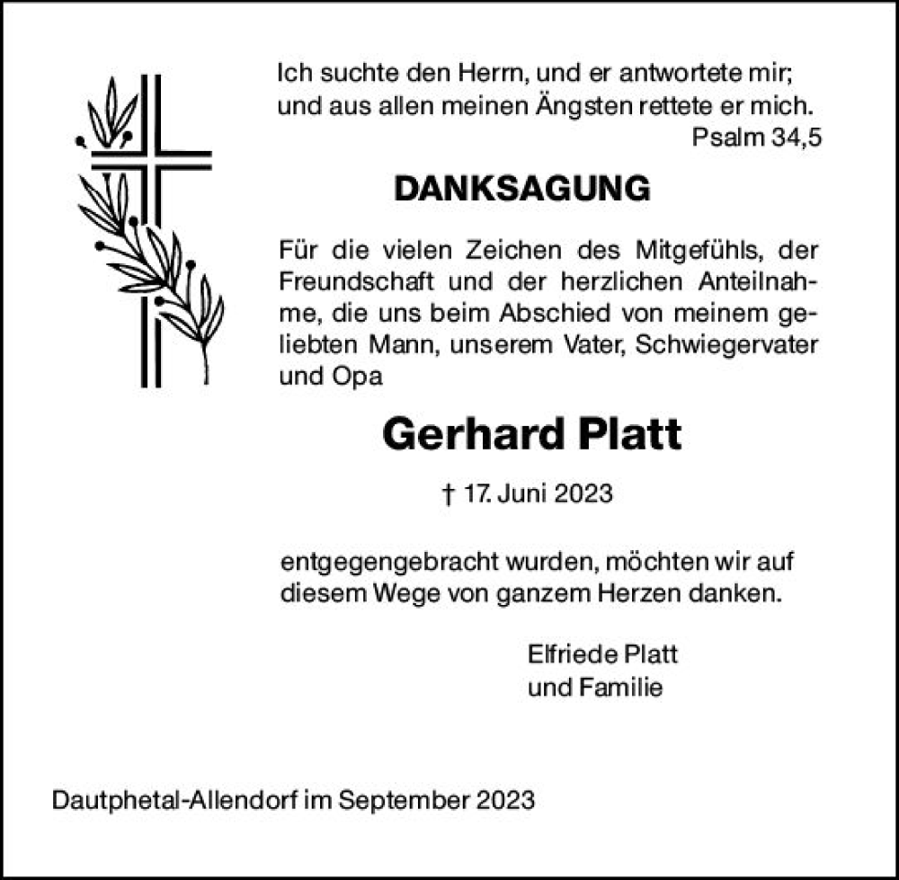 Traueranzeigen Von Gerhard Platt Vrm Trauer De