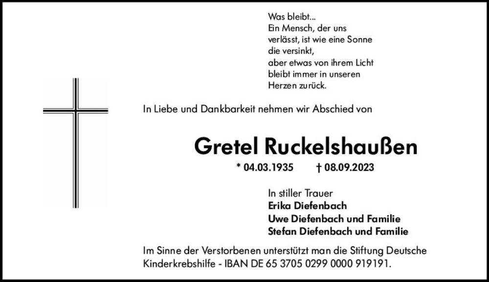 Traueranzeigen Von Gretel Ruckelshau En Vrm Trauer De