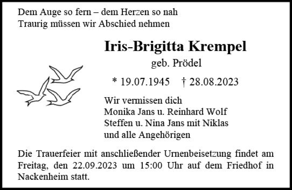 Traueranzeigen Von Iris Brigitta Krempel Vrm Trauer De