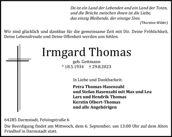 Traueranzeigen Von Irmgard Thomas Vrm Trauer De