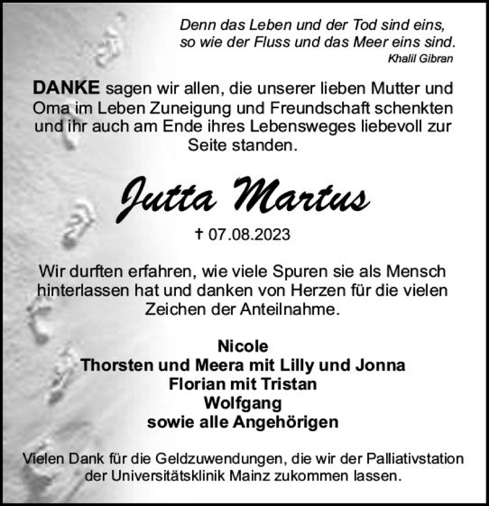 Traueranzeigen Von Jutta Martus Vrm Trauer De