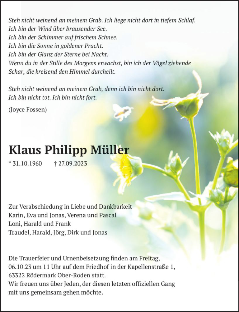 Traueranzeigen von Klaus Philipp Müller vrm trauer de