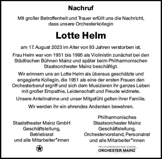 Traueranzeigen Von Lotte Helm Vrm Trauer De