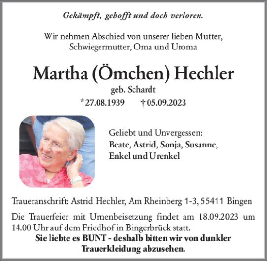 Traueranzeigen Von Martha Hechler Vrm Trauer De