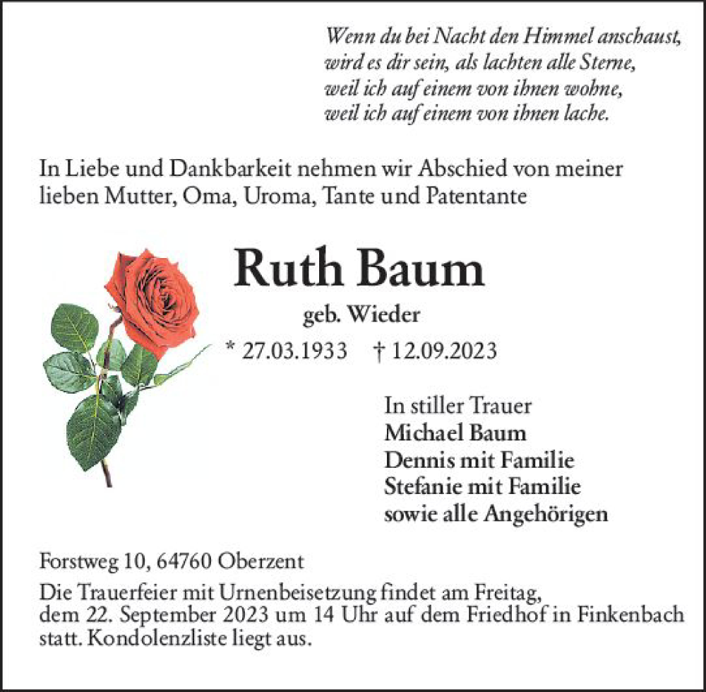 Traueranzeigen Von Ruth Baum Vrm Trauer De