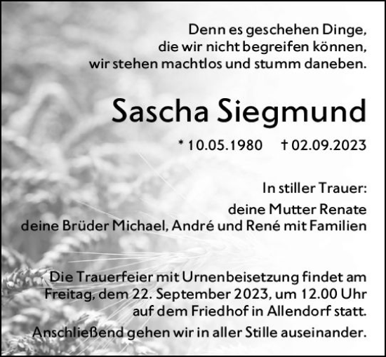 Traueranzeigen Von Sascha Siegmund Vrm Trauer De