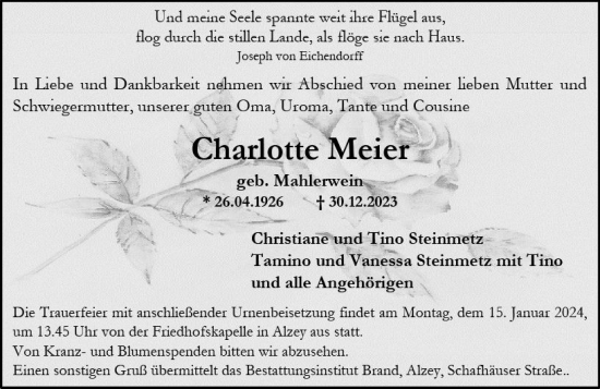 Traueranzeigen Von Charlotte Meier Vrm Trauer De