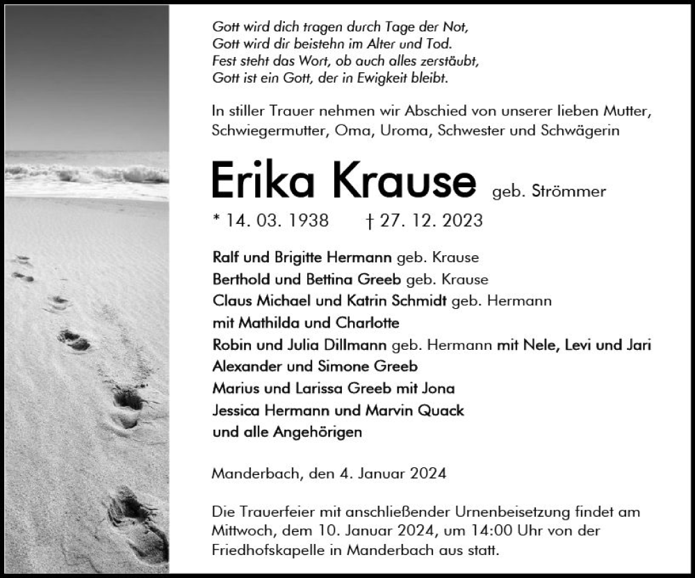 Traueranzeigen Von Erika Krause Vrm Trauer De