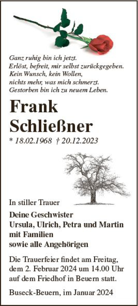 Traueranzeigen von Frank Schließner vrm trauer de