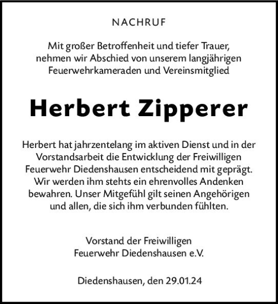 Traueranzeigen Von Herbert Zipperer Vrm Trauer De