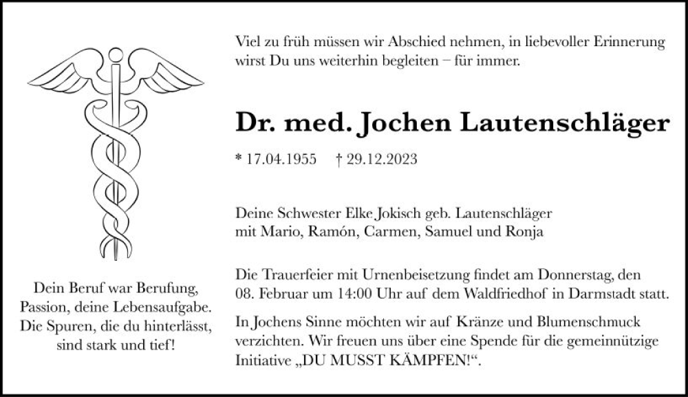 Traueranzeigen von Jochen Lautenschläger vrm trauer de