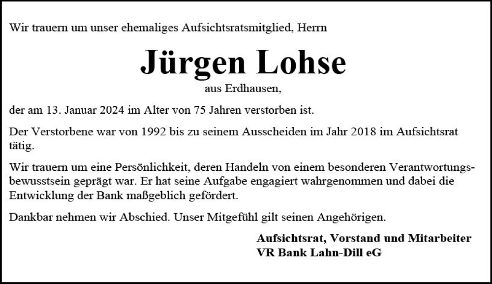 Traueranzeigen von Jürgen Lohse vrm trauer de