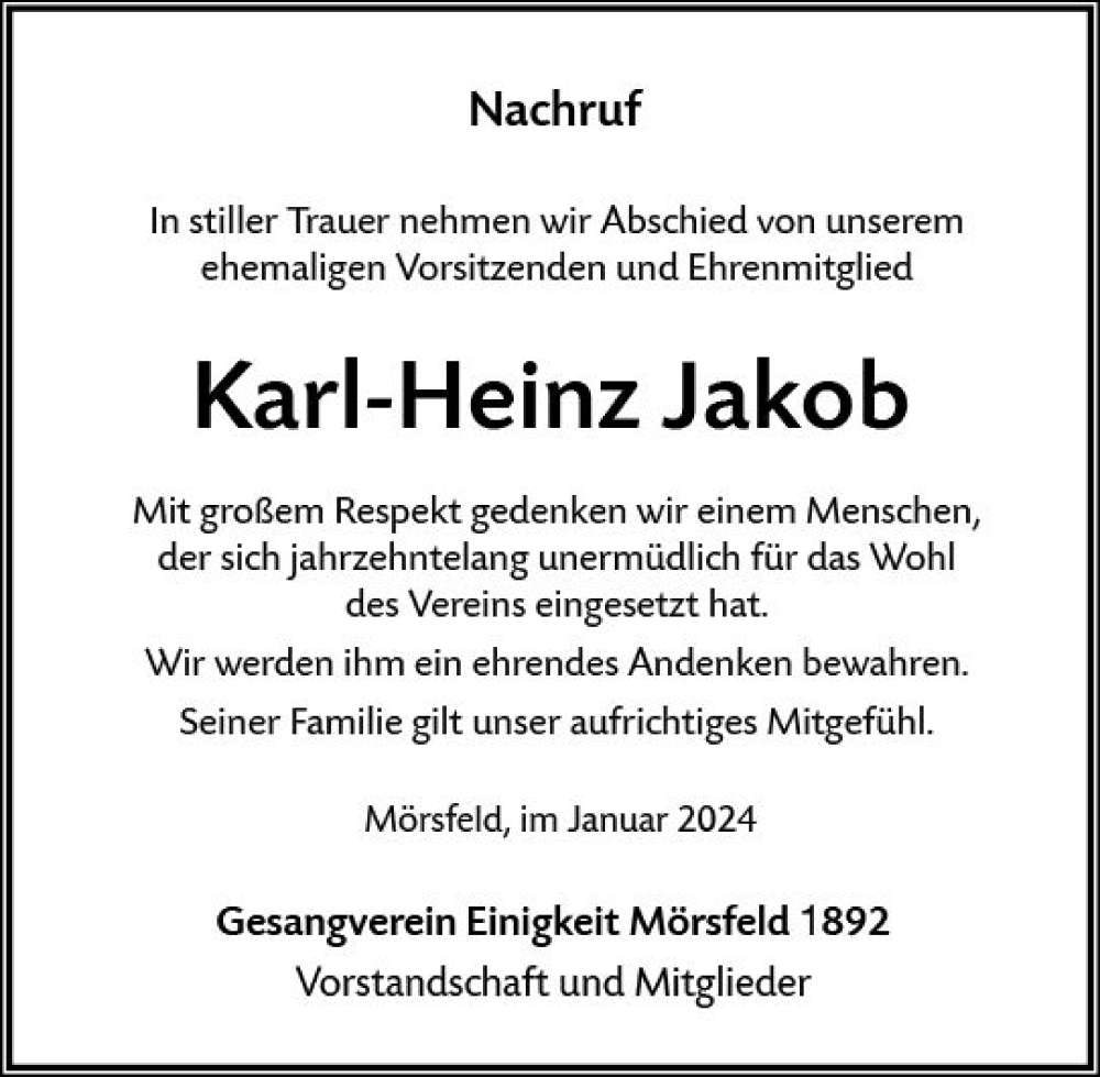 Traueranzeigen Von Karl Heinz Jakob Vrm Trauer De