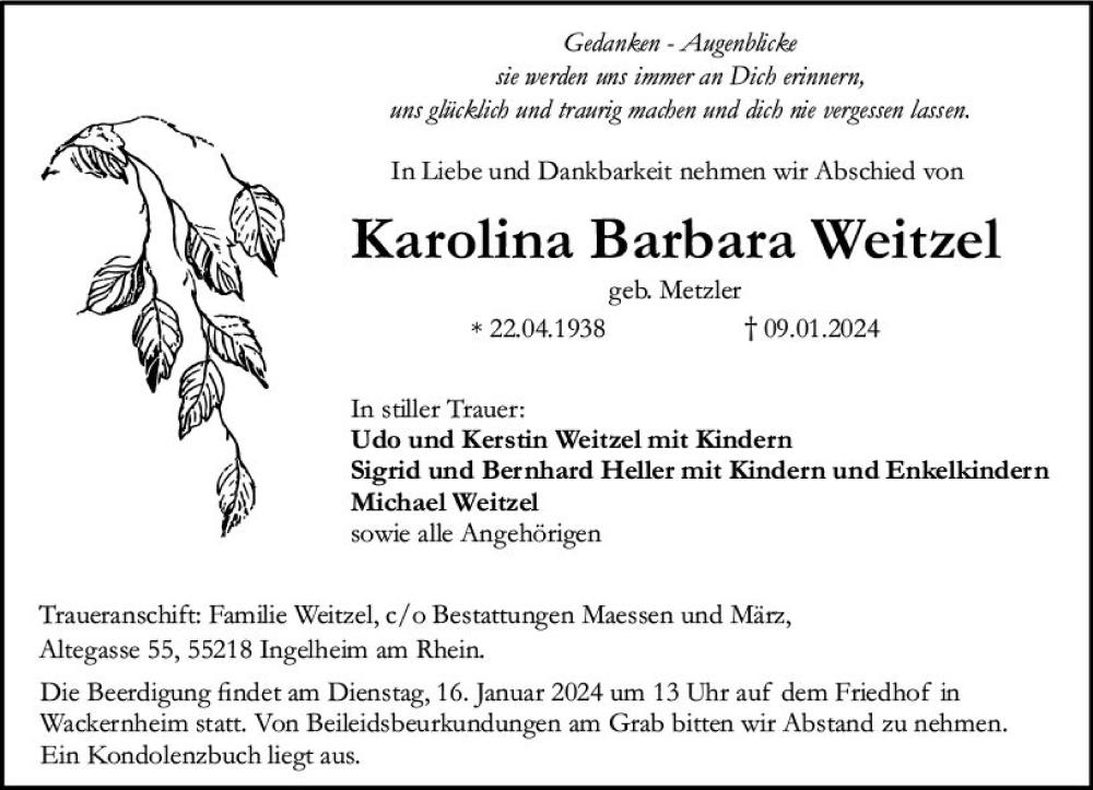 Traueranzeigen Von Karolina Barbara Weitzel Vrm Trauer De