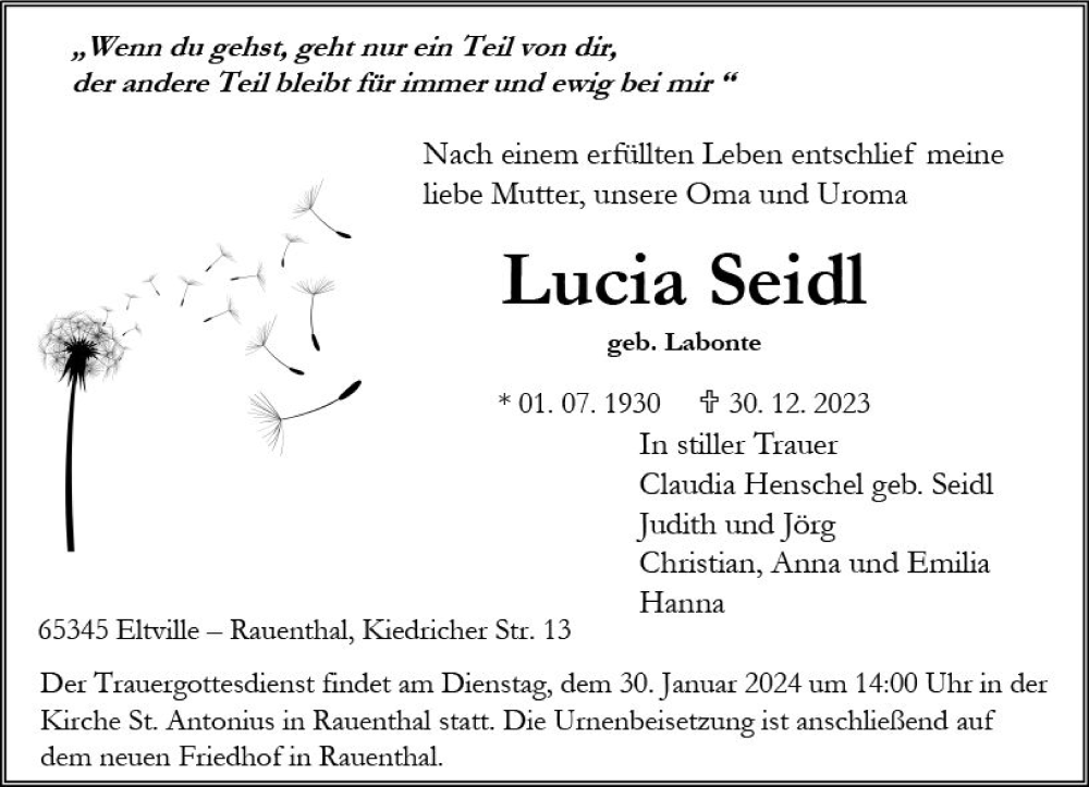 Traueranzeigen Von Lucia Seidi Vrm Trauer De