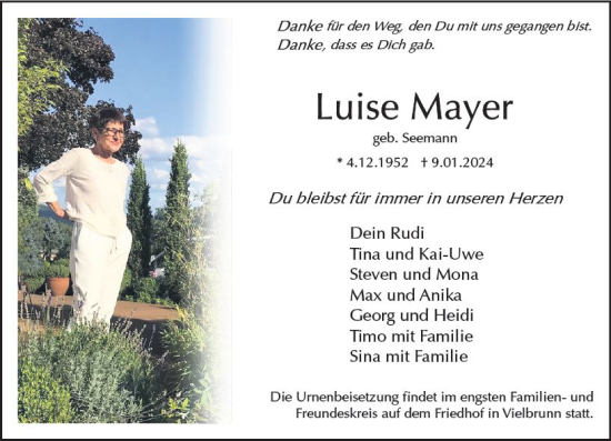 Traueranzeigen Von Luise Mayer Vrm Trauer De