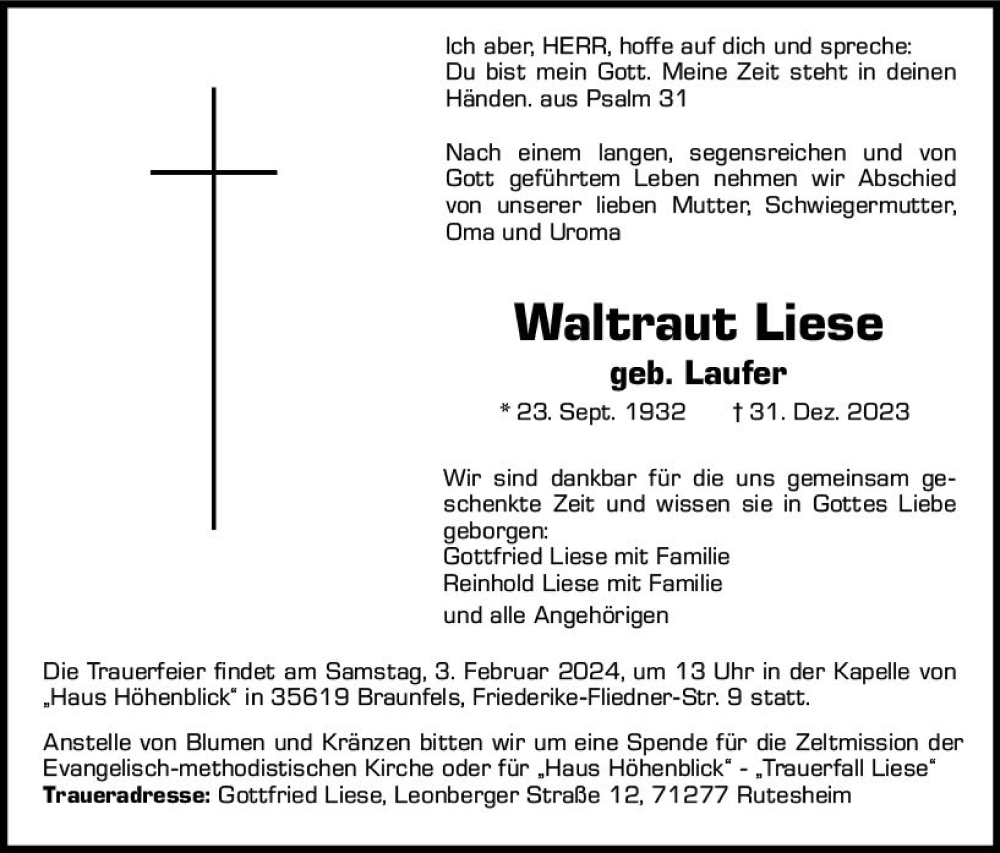 Traueranzeigen Von Waltraut Liese Vrm Trauer De