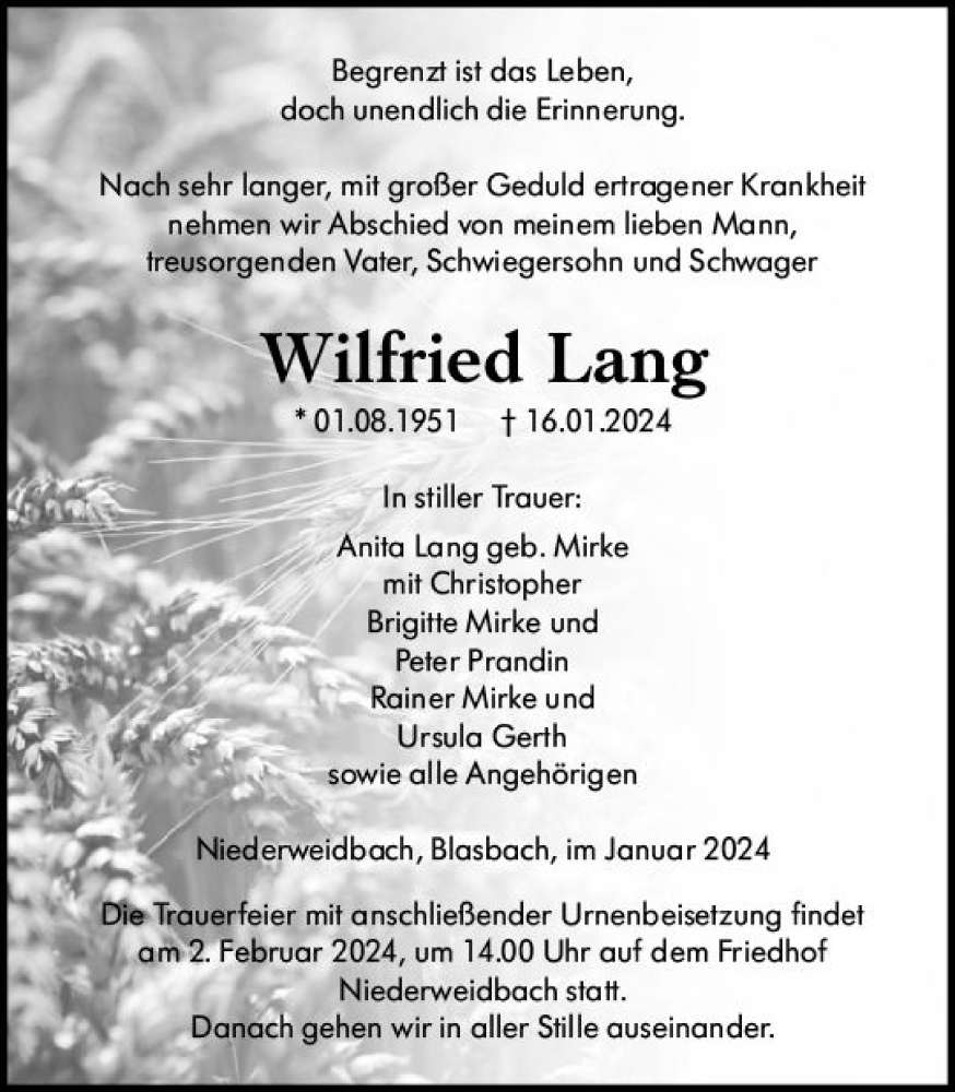 Traueranzeigen Von Wilfried Lang Vrm Trauer De