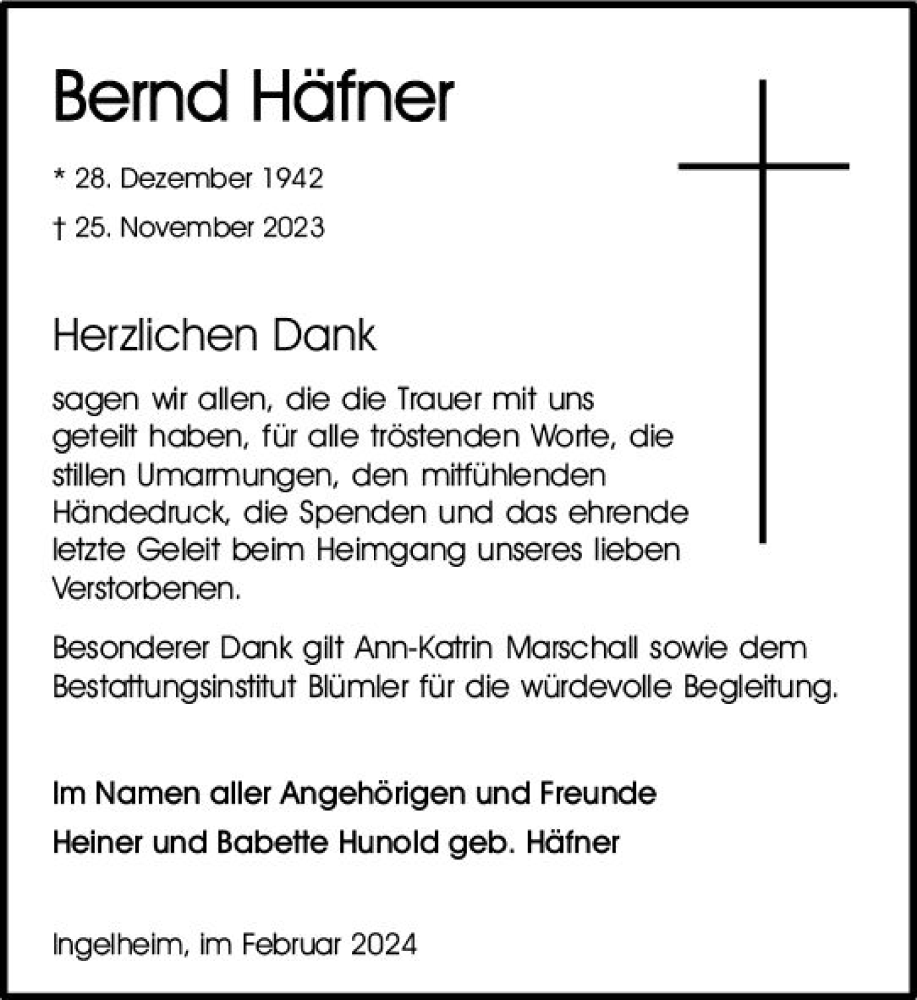 Traueranzeigen von Bernd Häfner vrm trauer de