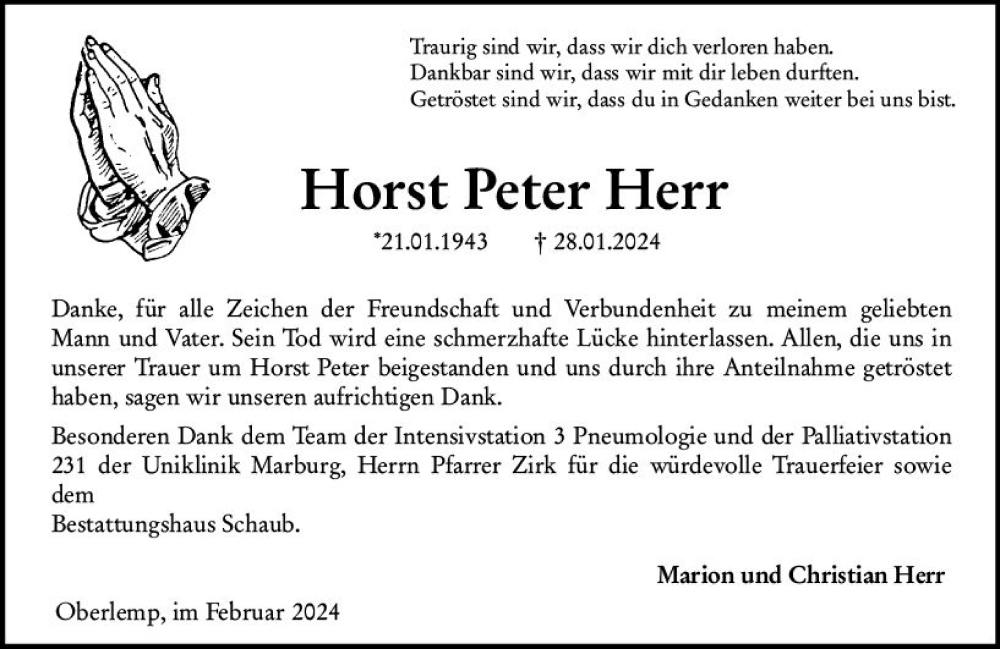 Traueranzeigen Von Horst Peter Herr Vrm Trauer De