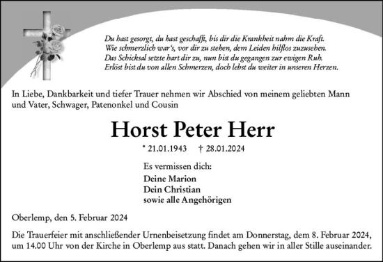 Traueranzeigen Von Horst Peter Herr Vrm Trauer De