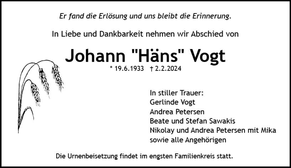 Traueranzeigen Von Johann Vogt Vrm Trauer De