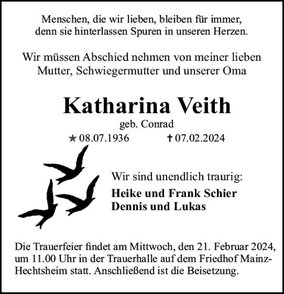 Traueranzeigen Von Katharina Veith Vrm Trauer De