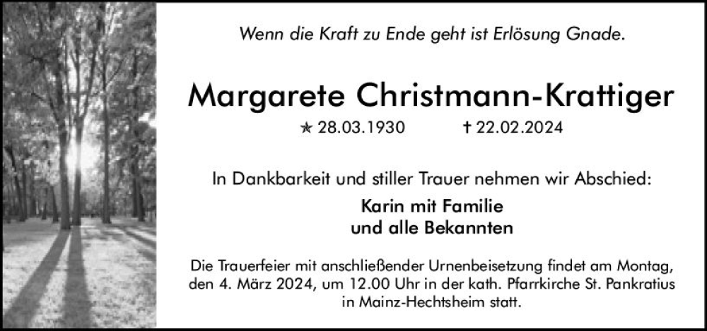 Traueranzeigen Von Margarete Christmann Krattiger Vrm Trauer De