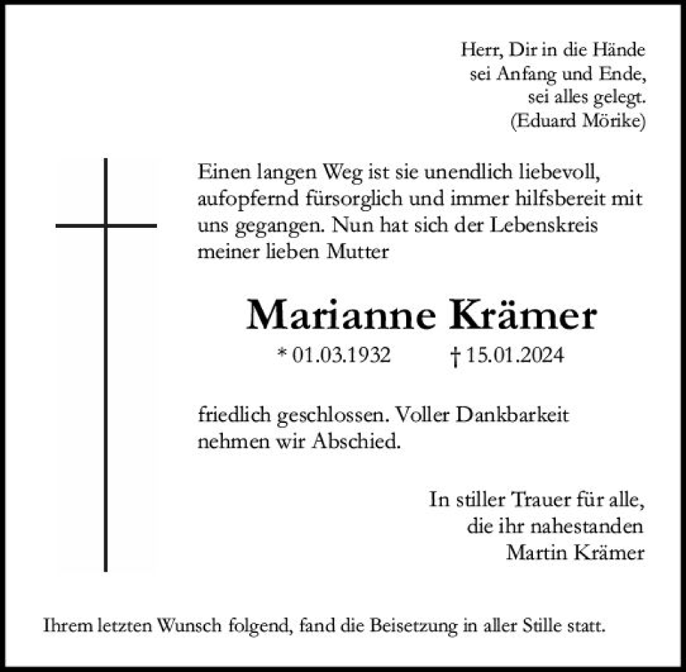 Traueranzeigen von Marianne Krämer vrm trauer de