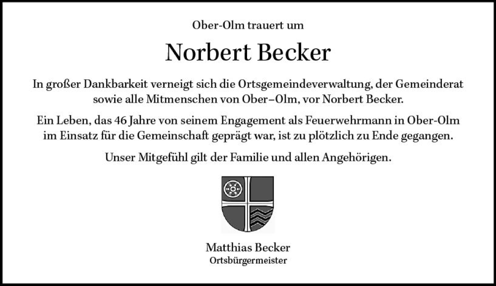 Traueranzeigen Von Norbert Becker Vrm Trauer De