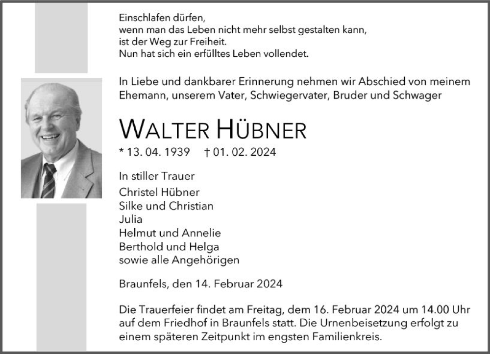 Traueranzeigen von Walter Hübner vrm trauer de