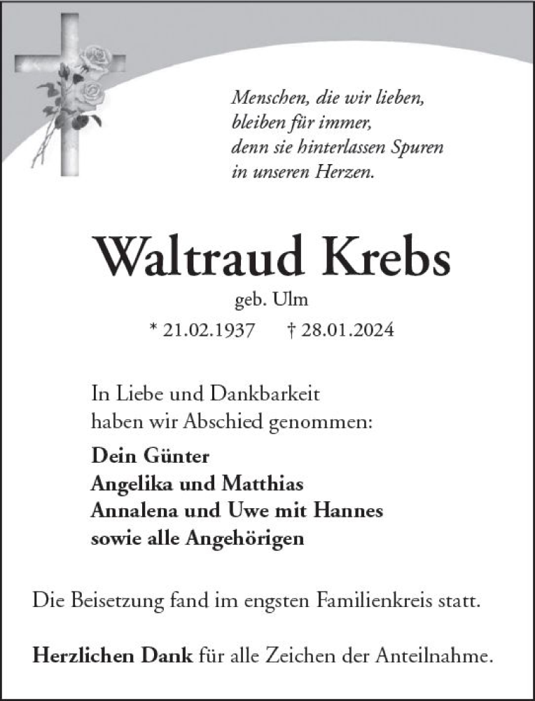 Traueranzeigen Von Waltraud Krebs Vrm Trauer De