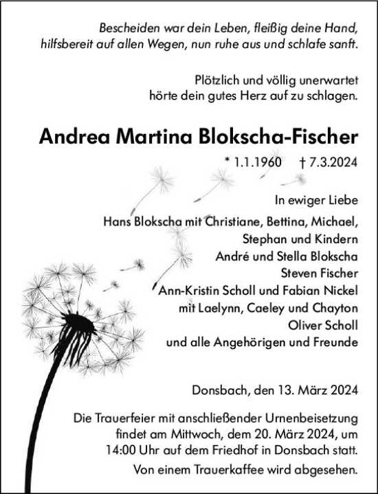 Traueranzeigen Von Andrea Martina Blokscha Fischer Vrm Trauer De