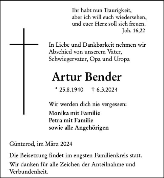 Traueranzeigen Von Artur Bender Vrm Trauer De