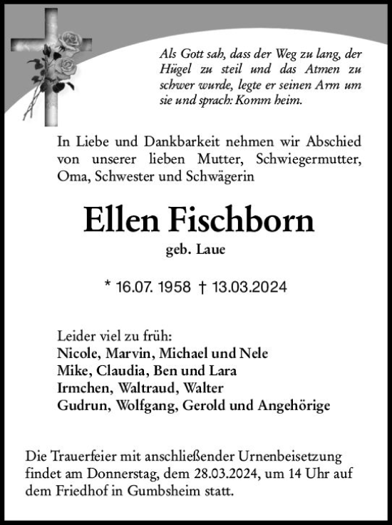 Traueranzeigen Von Ellen Fischborn Vrm Trauer De