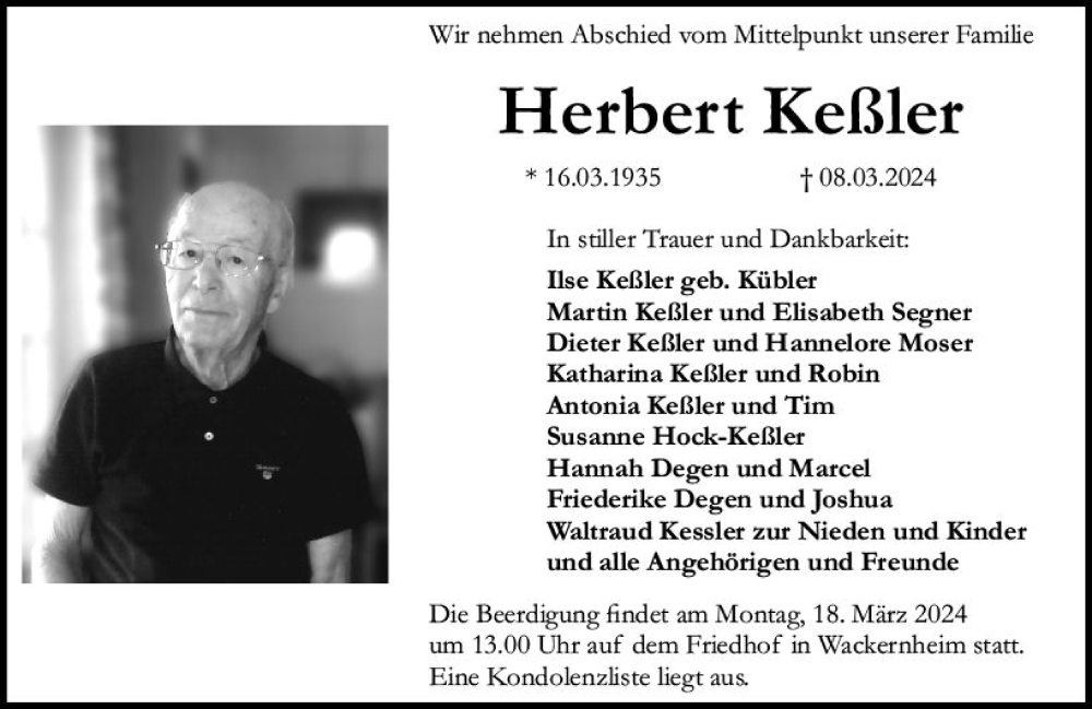 Traueranzeigen von Herbert Keßler vrm trauer de