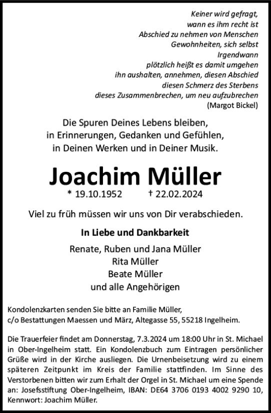 Traueranzeigen von Joachim Müller vrm trauer de